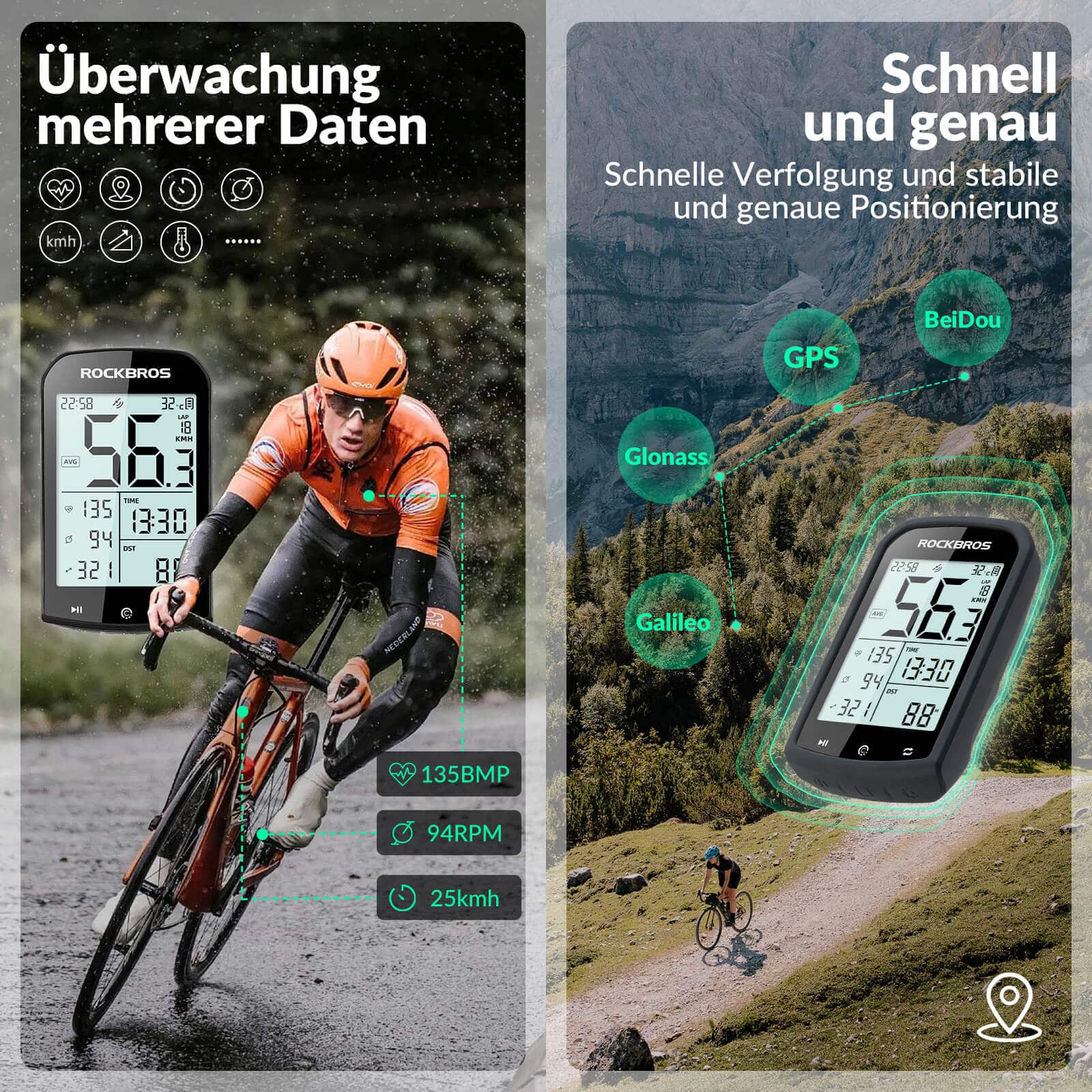 ROCKBROS Fahrradcomputer Kabellos GPS wasserdicht Tachometer und Kilometerzähler - Image 3