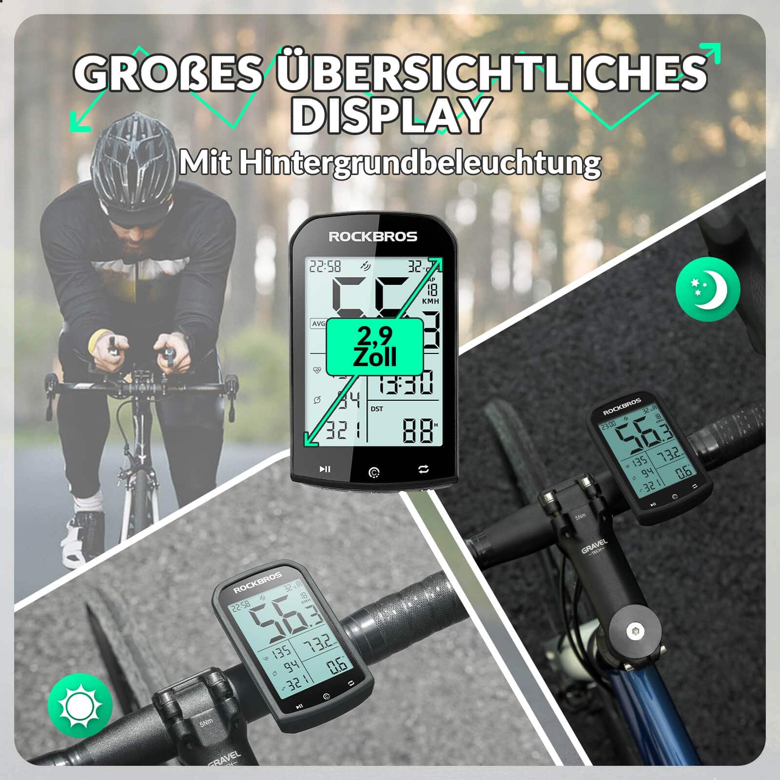 ROCKBROS Fahrradcomputer Kabellos GPS wasserdicht Tachometer und Kilometerzähler - Image 4