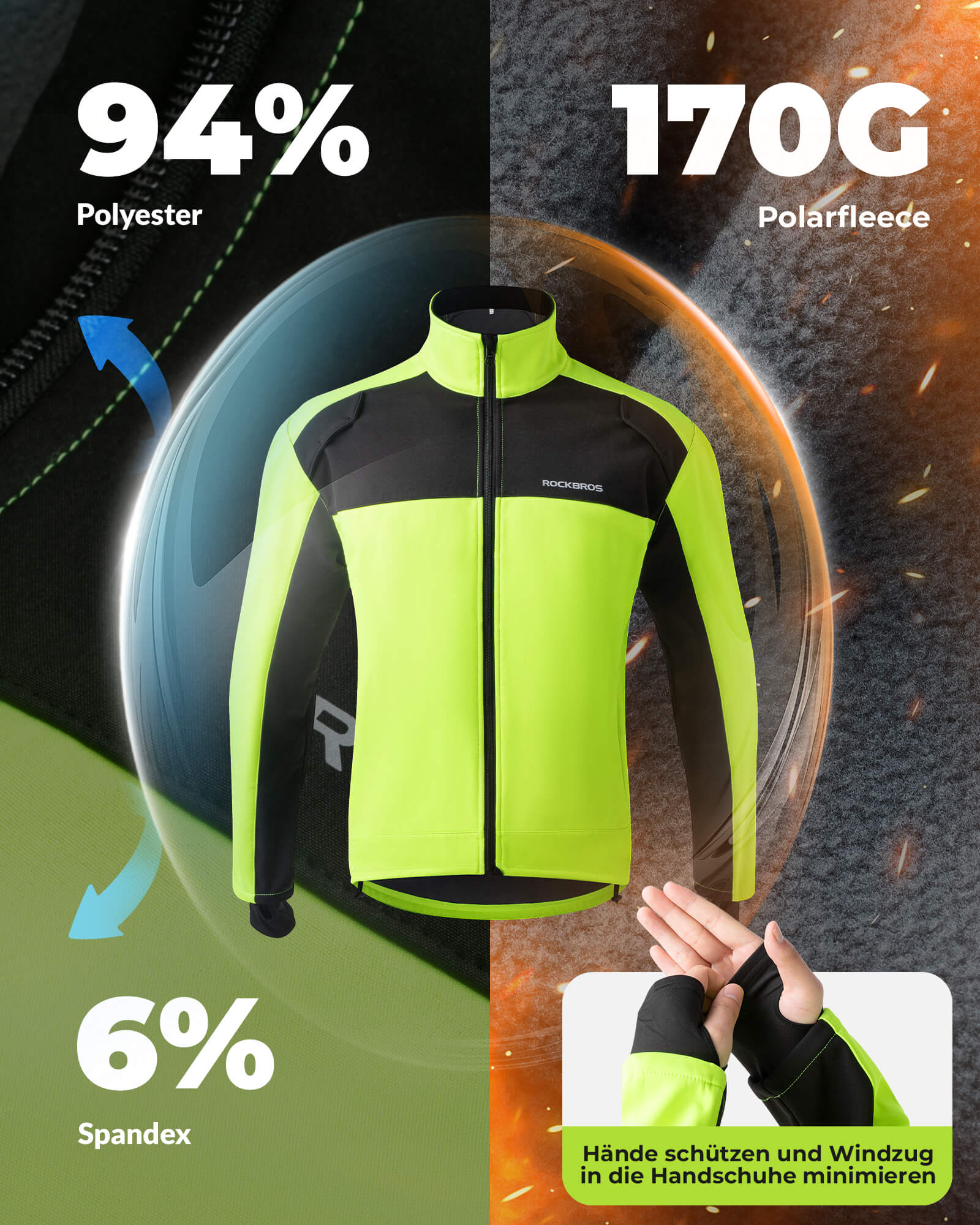 ROCKBROS Fahrradjacke Winter Herren Radjacke Leuchtendes Grün - Image 5
