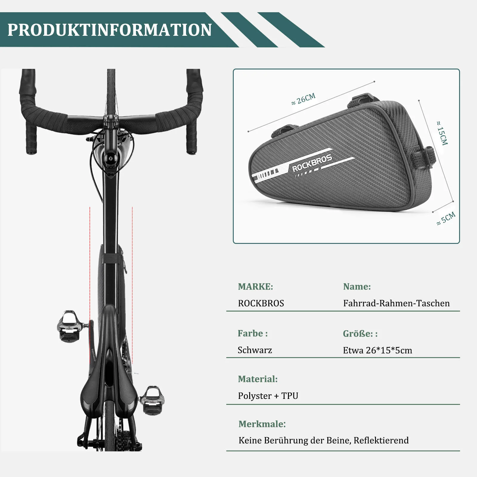 ROCKBROS Rahmentasche wasserdicht Dreieckstasche für MTB & Rennräder 1,2L - Image 25