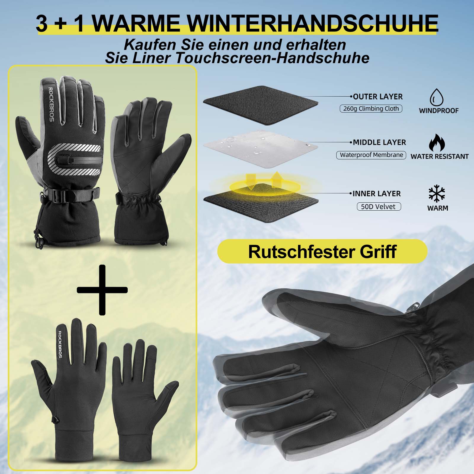 ROCKBROS Skihandschuhe 2 in 1 Winddicht Warme Handschuhe Schwarz M-2XL - Image 2