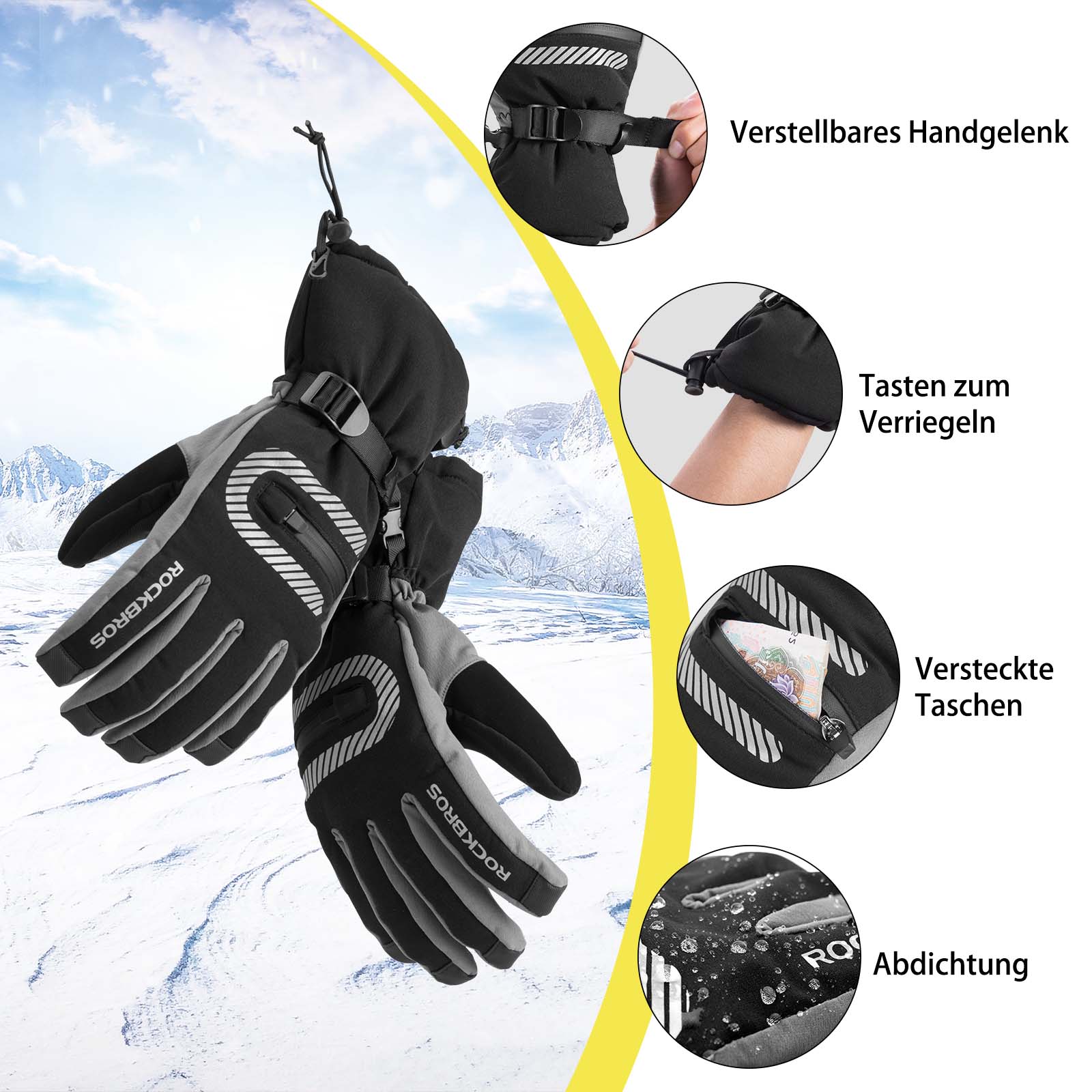 ROCKBROS Skihandschuhe 2 in 1 Winddicht Warme Handschuhe Schwarz M-2XL - Image 3