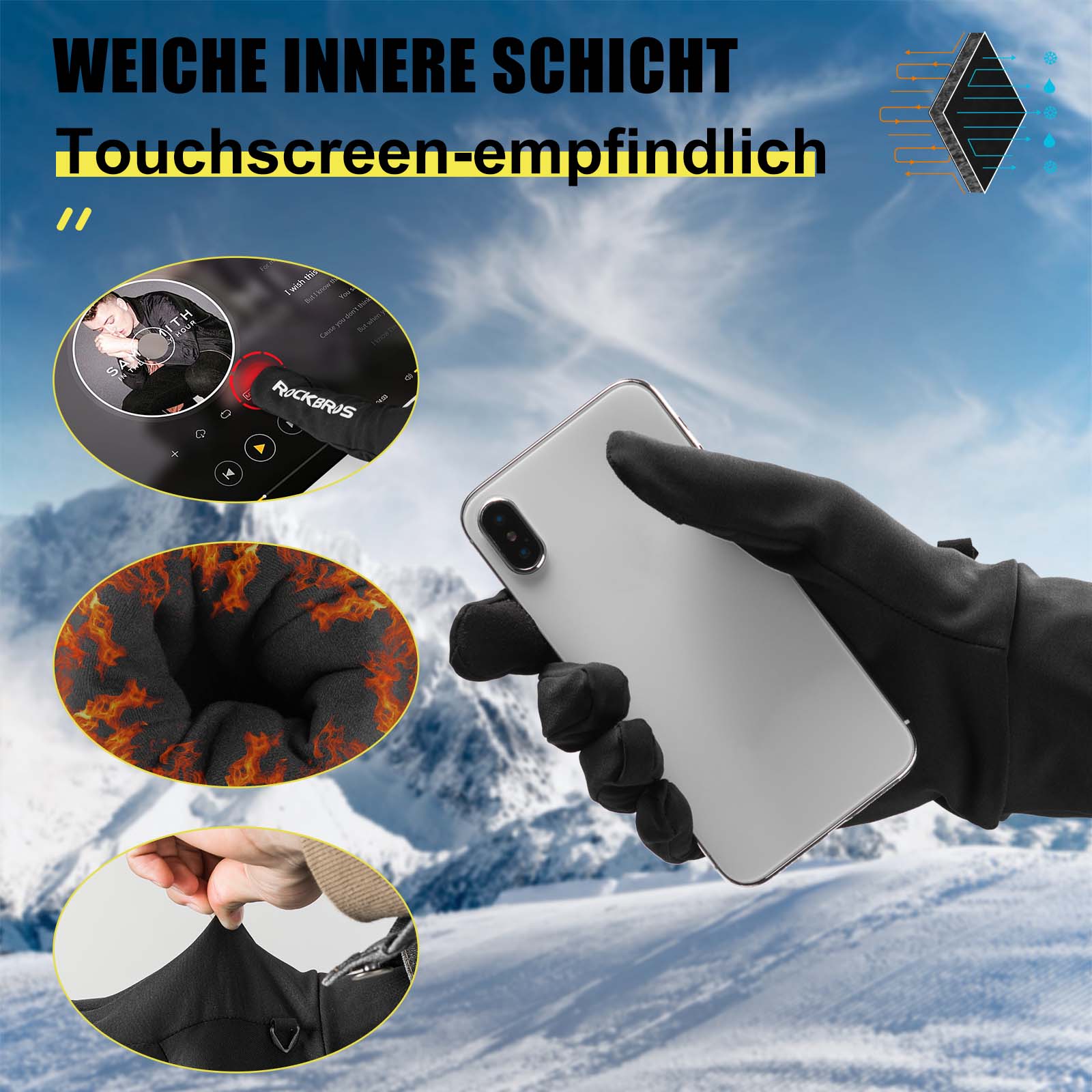 ROCKBROS Skihandschuhe 2 in 1 Winddicht Warme Handschuhe Schwarz M-2XL - Image 6